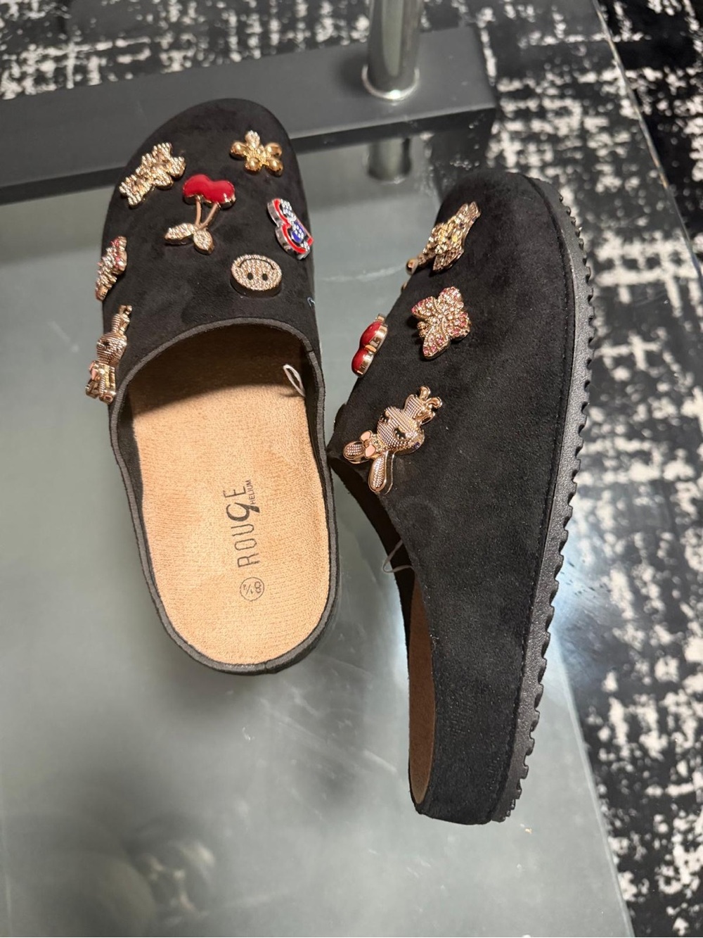 Rouge! Black Suede Jeweled Slip-On Mules with Decorative Charms
